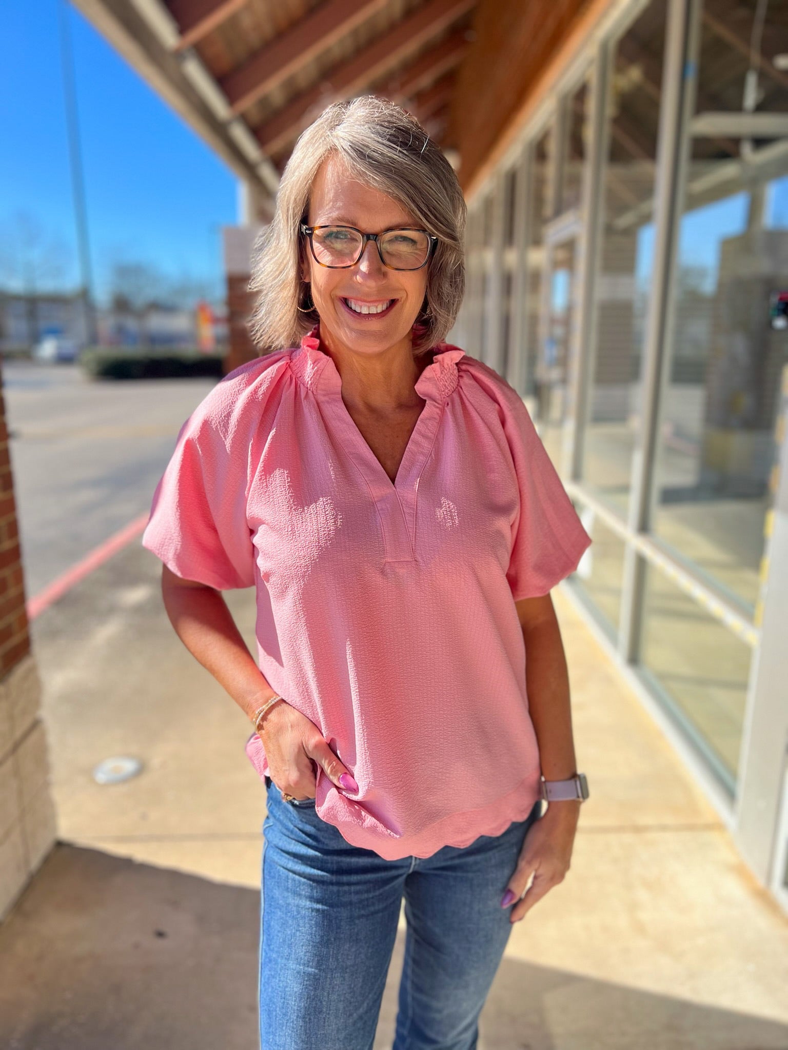 Rose Split V - Neck Short Puff Sleeve Top - A'Bekah's Boutique