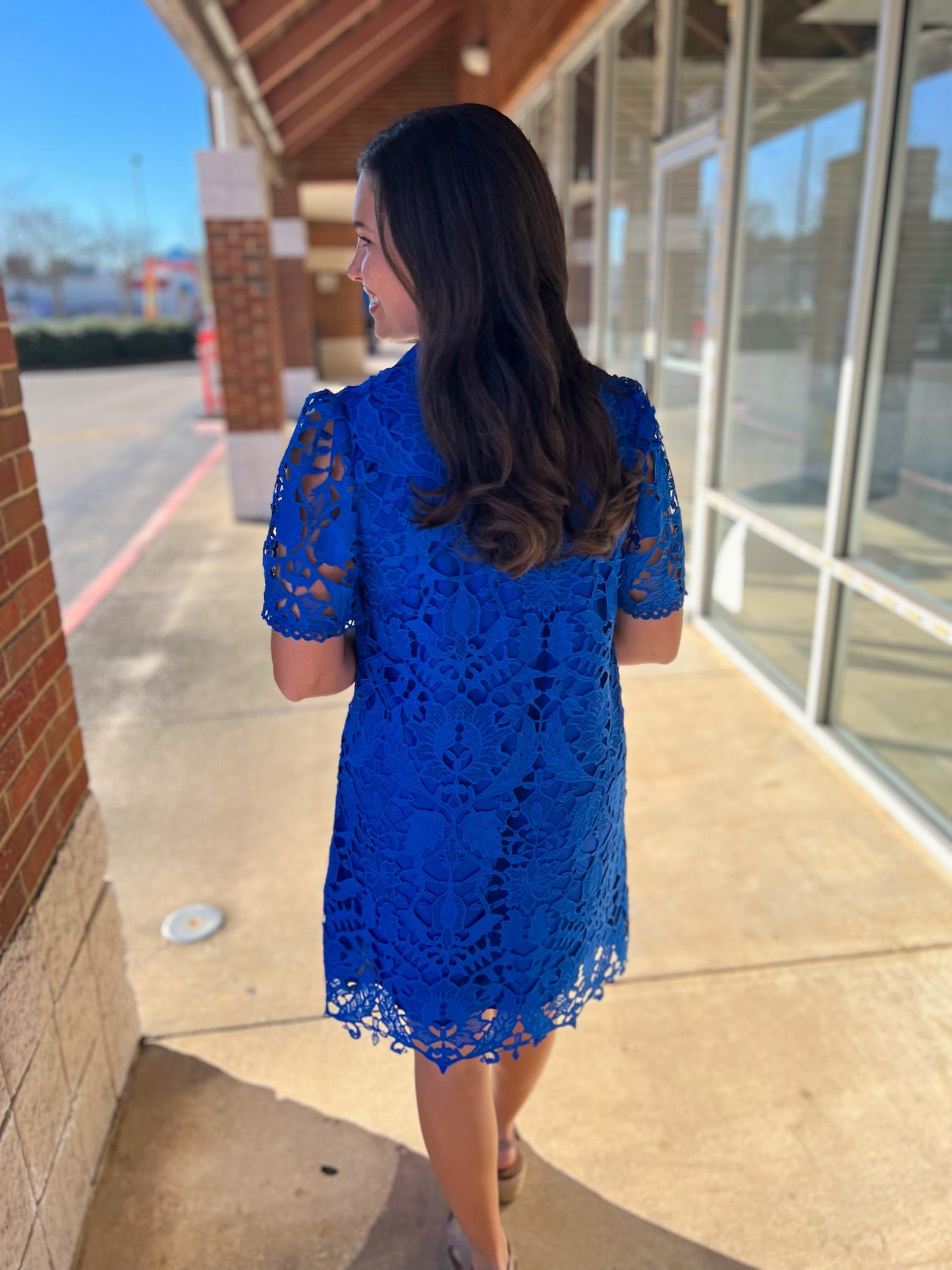 Royal Blue Dress with Lace Overlay and Short Puff Sleeves - A'Bekah's Boutique