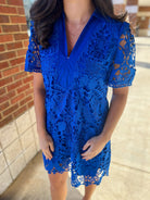 Royal Blue Dress with Lace Overlay and Short Puff Sleeves - A'Bekah's Boutique