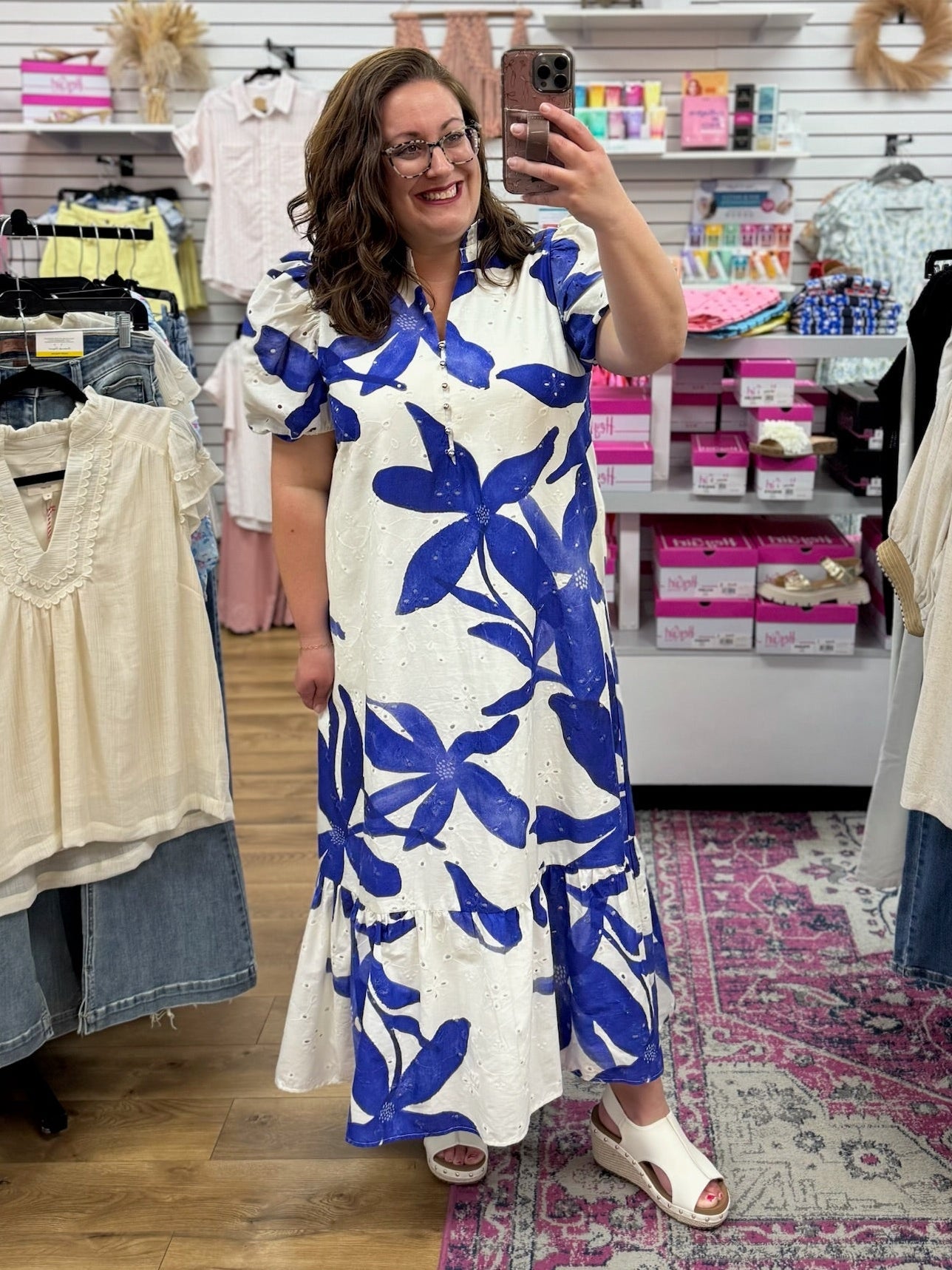 Royal Botanical Print Eyelet Midi Dress - A'Bekah's Boutique