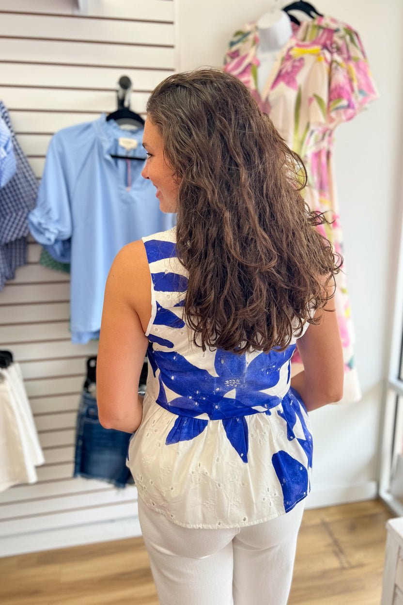 Royal Botanical Print Eyelet Peplum Top - A'Bekah's Boutique