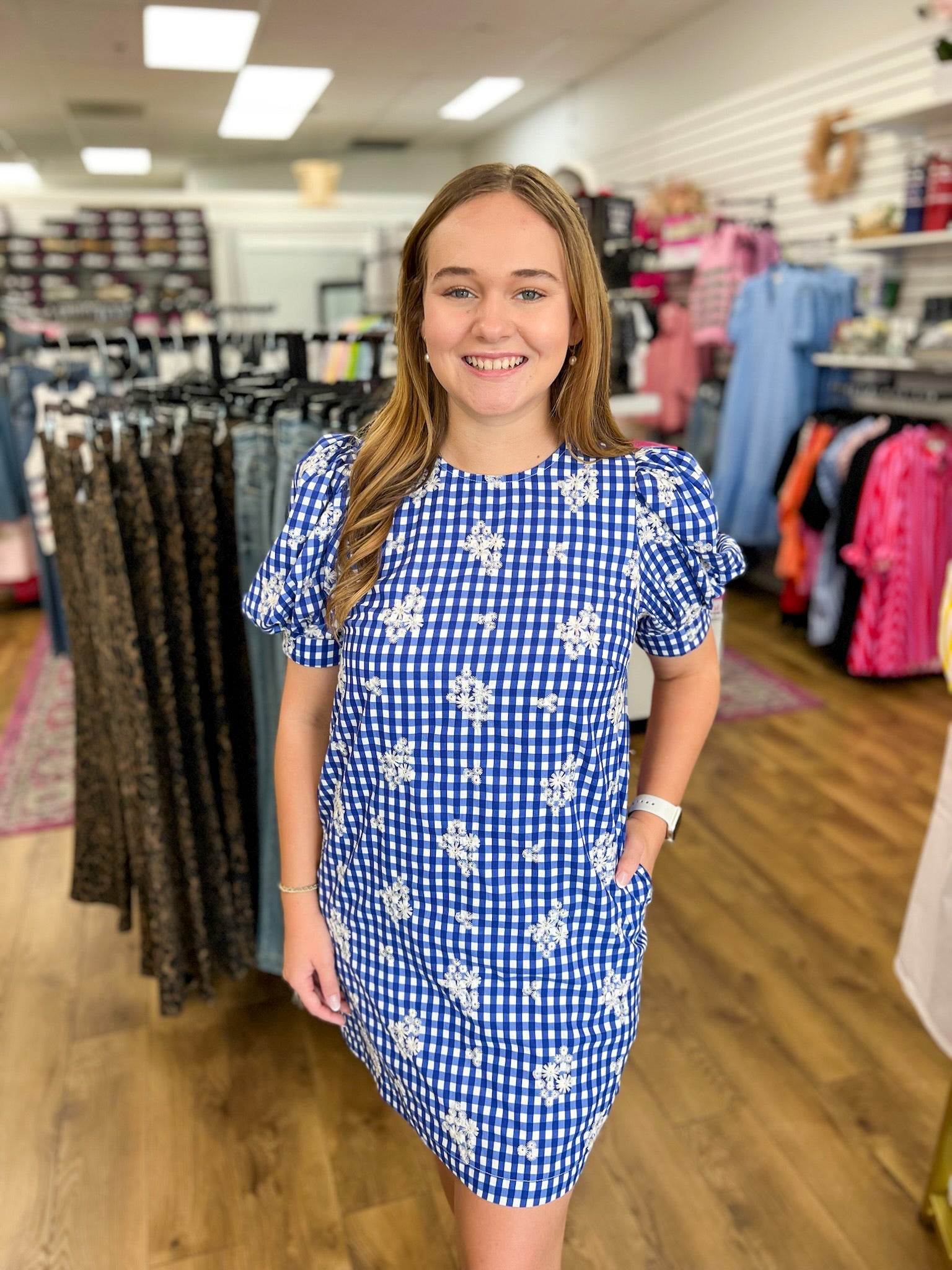 Royal Gingham Embroidered Floral Dress - A'Bekah's Boutique