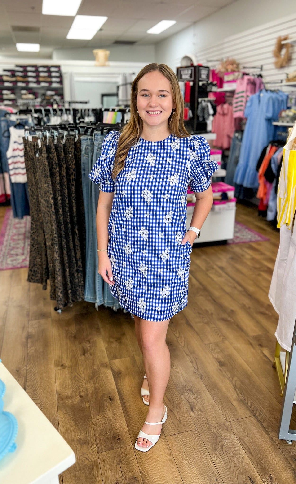Royal Gingham Embroidered Floral Dress - A'Bekah's Boutique
