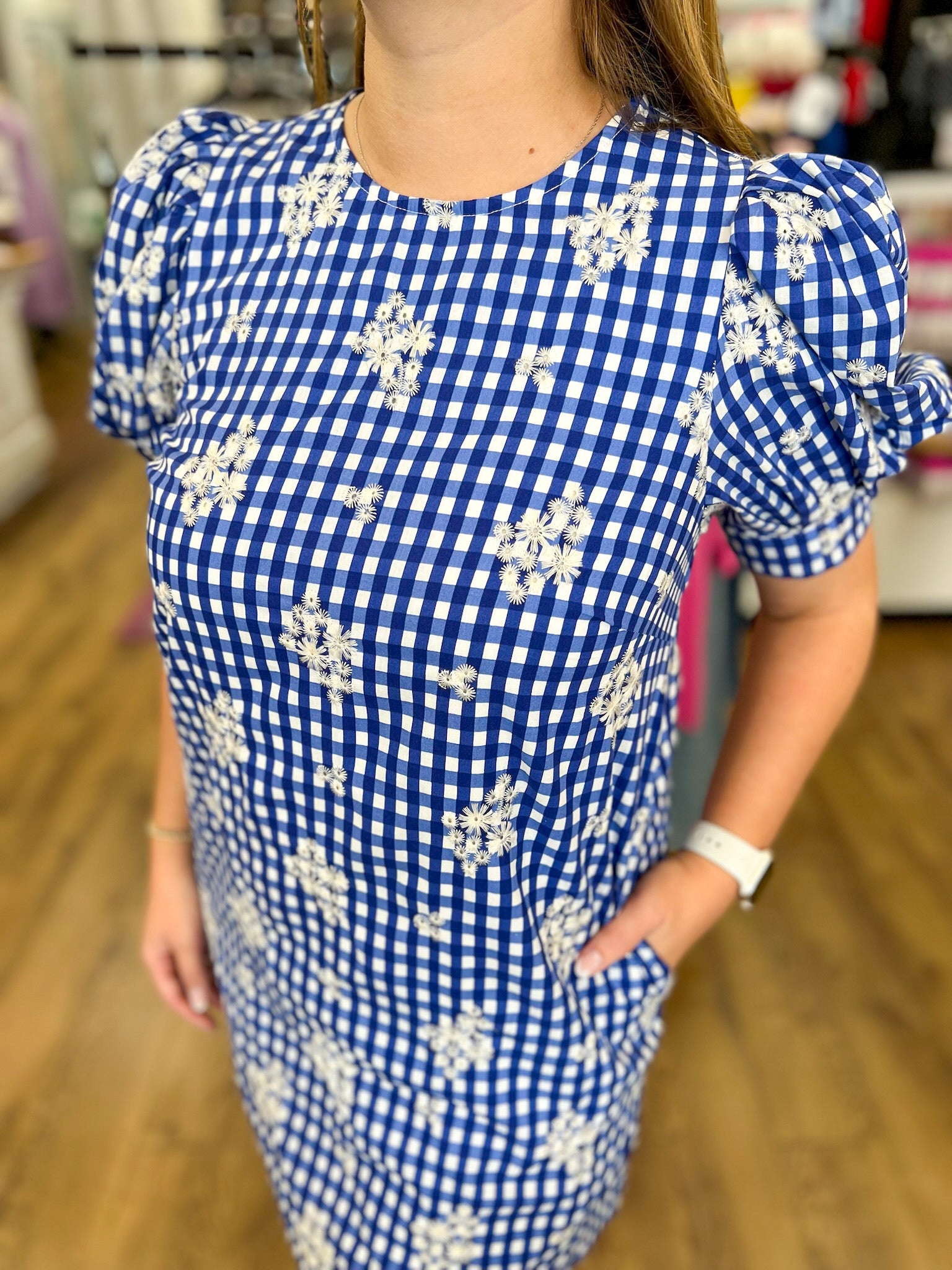Royal Gingham Embroidered Floral Dress - A'Bekah's Boutique