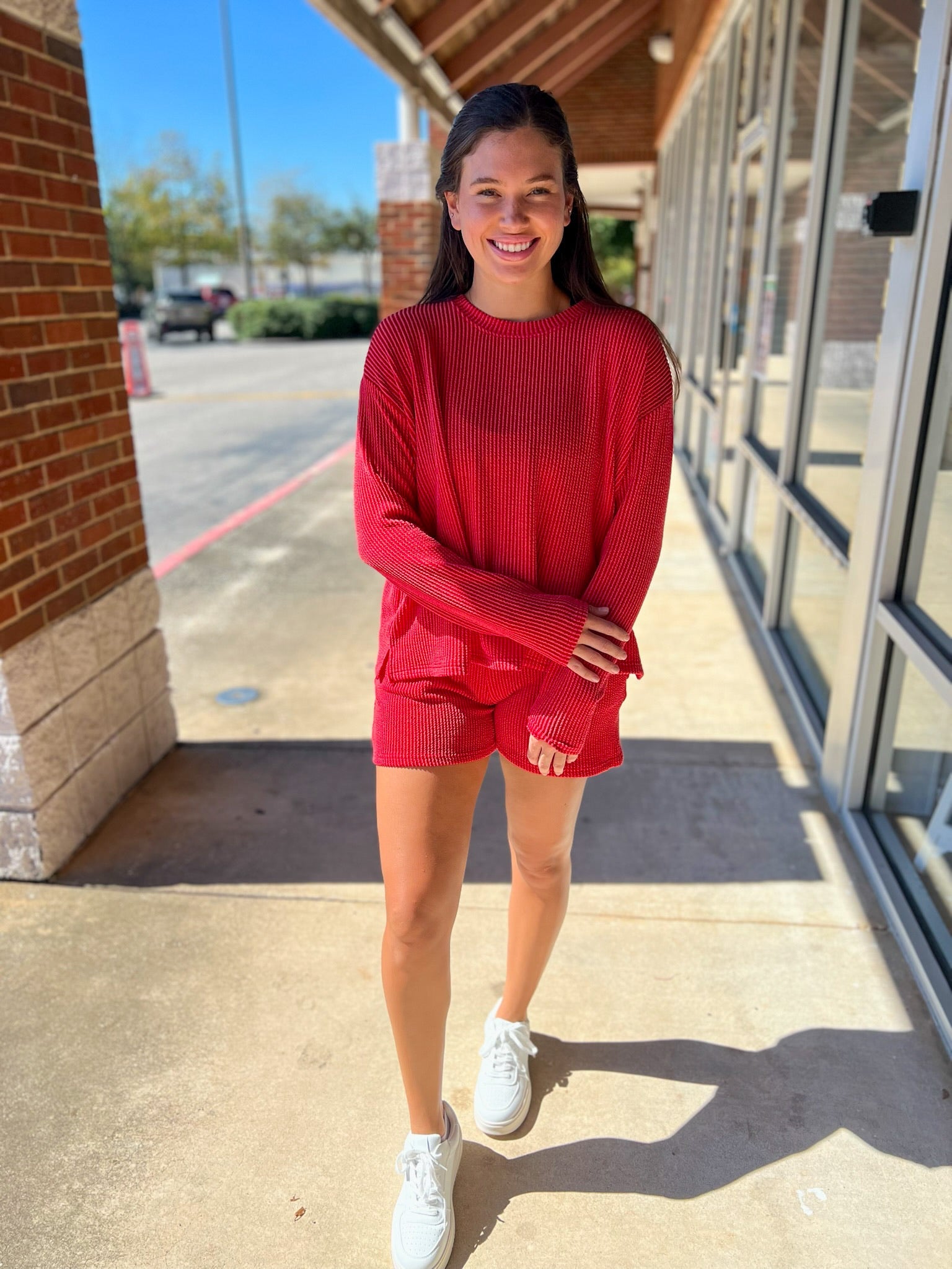 Ruby Red Long Sleeve Ribbed Short Set - A'Bekah's Boutique