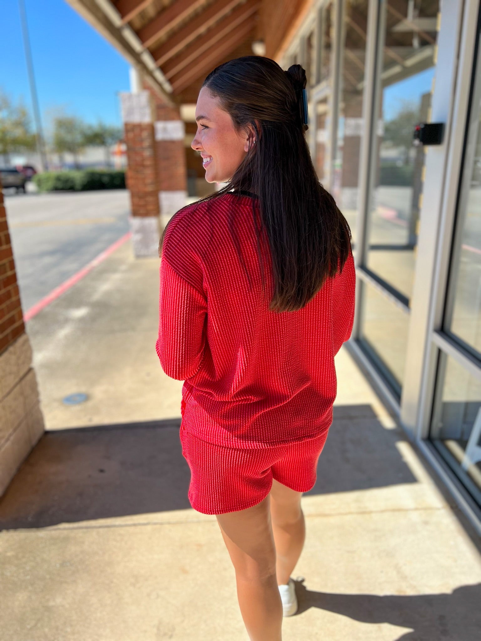 Ruby Red Long Sleeve Ribbed Short Set - A'Bekah's Boutique