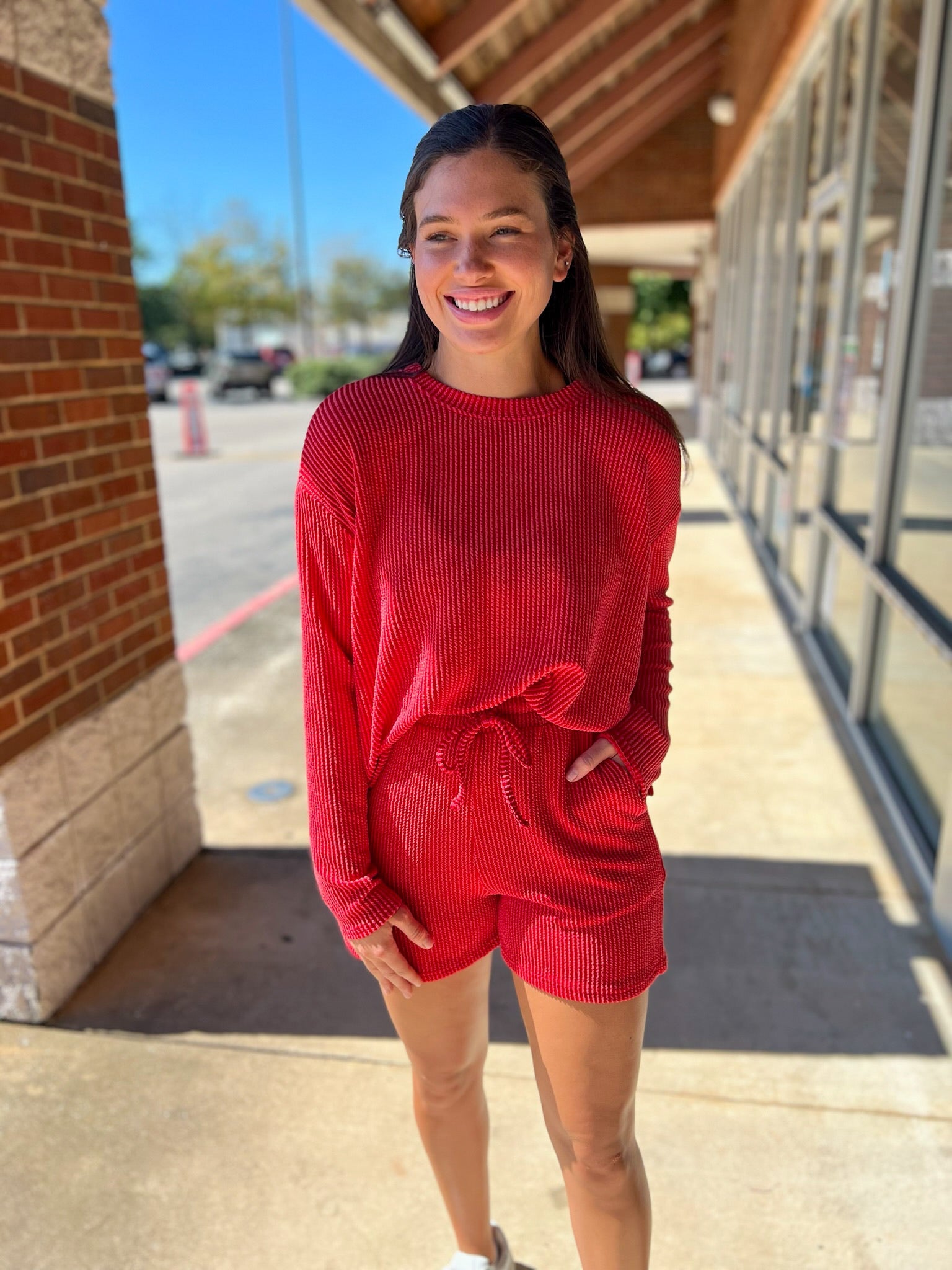 Ruby Red Long Sleeve Ribbed Short Set - A'Bekah's Boutique