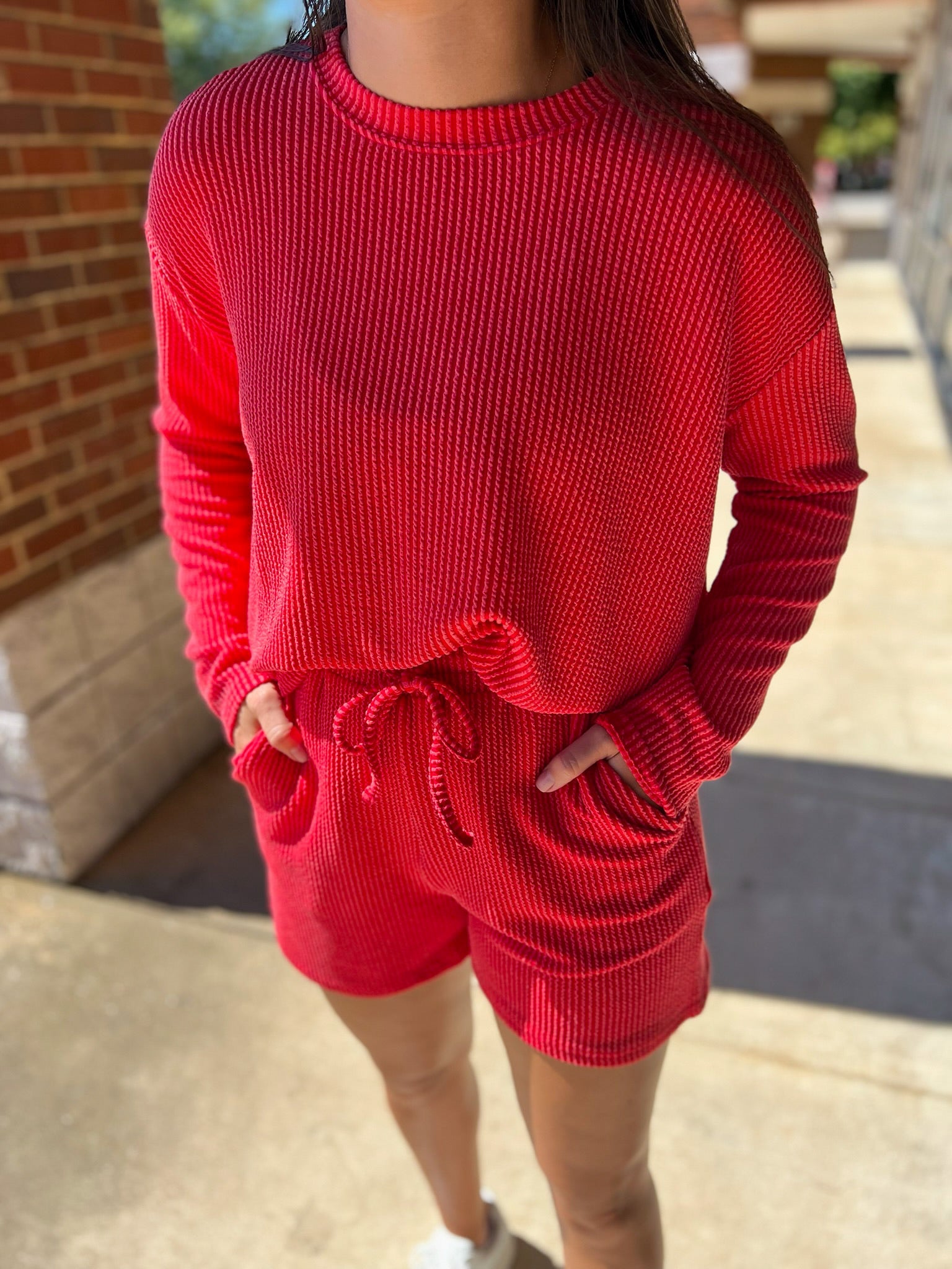 Ruby Red Long Sleeve Ribbed Short Set - A'Bekah's Boutique