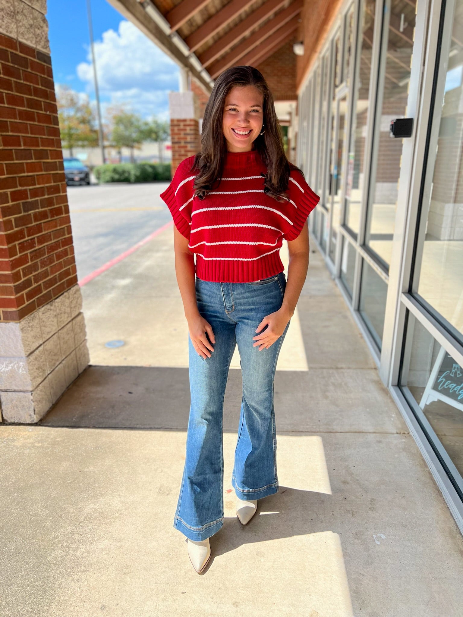 Ruby Red Striped Cropped Mock Neck Short Sleeve Sweater - A'Bekah's Boutique