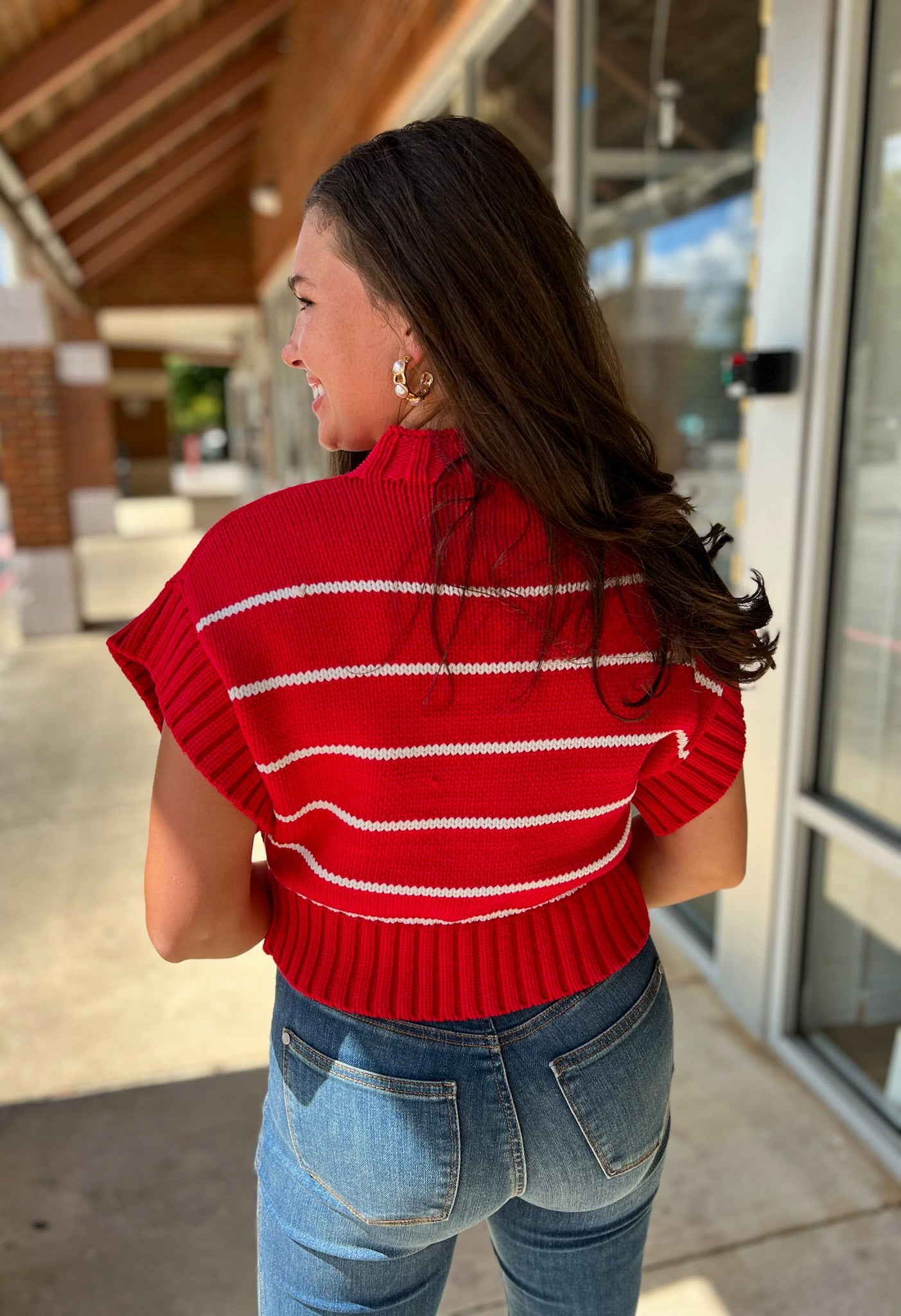 Ruby Red Striped Cropped Mock Neck Short Sleeve Sweater - A'Bekah's Boutique