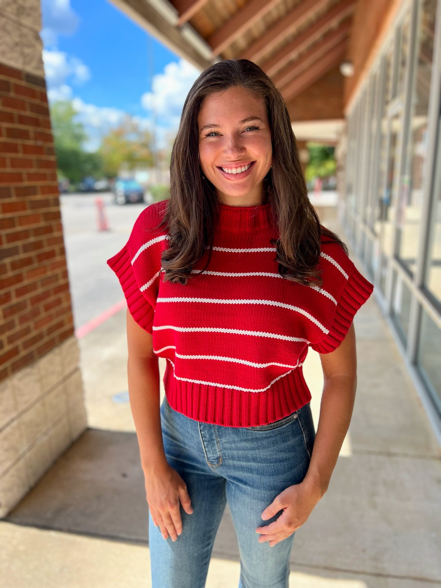 Ruby Red Striped Cropped Mock Neck Short Sleeve Sweater - A'Bekah's Boutique