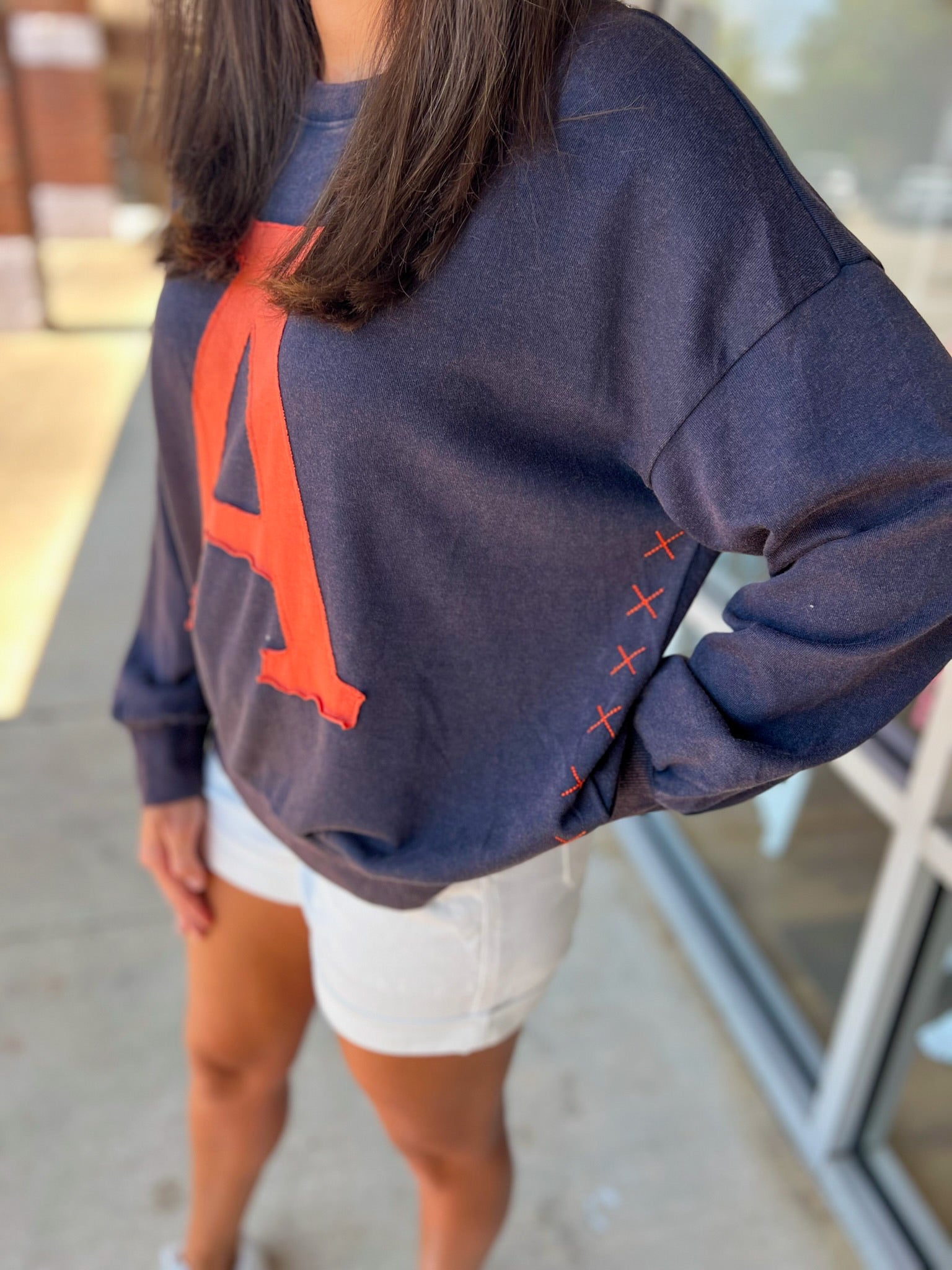 Run The Ball Acid Washed Navy Sweatshirt with A Logo - A'Bekah's Boutique