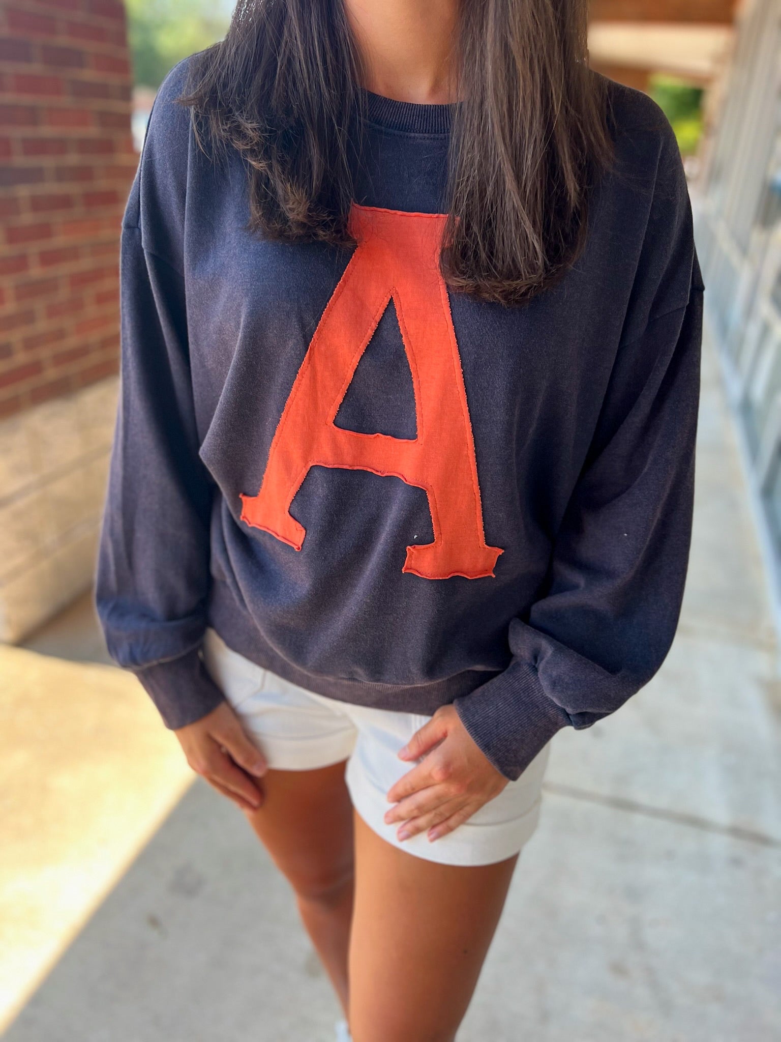 Run The Ball Acid Washed Navy Sweatshirt with A Logo - A'Bekah's Boutique