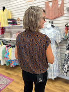Rust and Blue Velvet Mock Neck Top with Bubble Hem - A'Bekah's Boutique