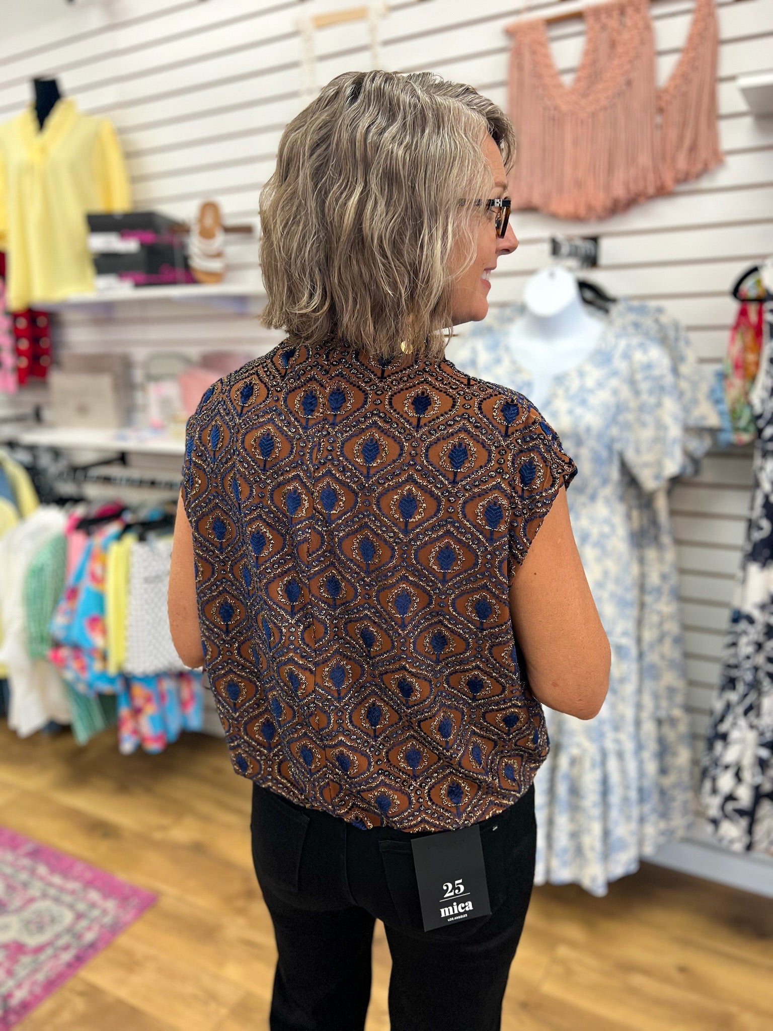 Rust and Blue Velvet Mock Neck Top with Bubble Hem - A'Bekah's Boutique