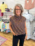 Rust and Blue Velvet Mock Neck Top with Bubble Hem - A'Bekah's Boutique