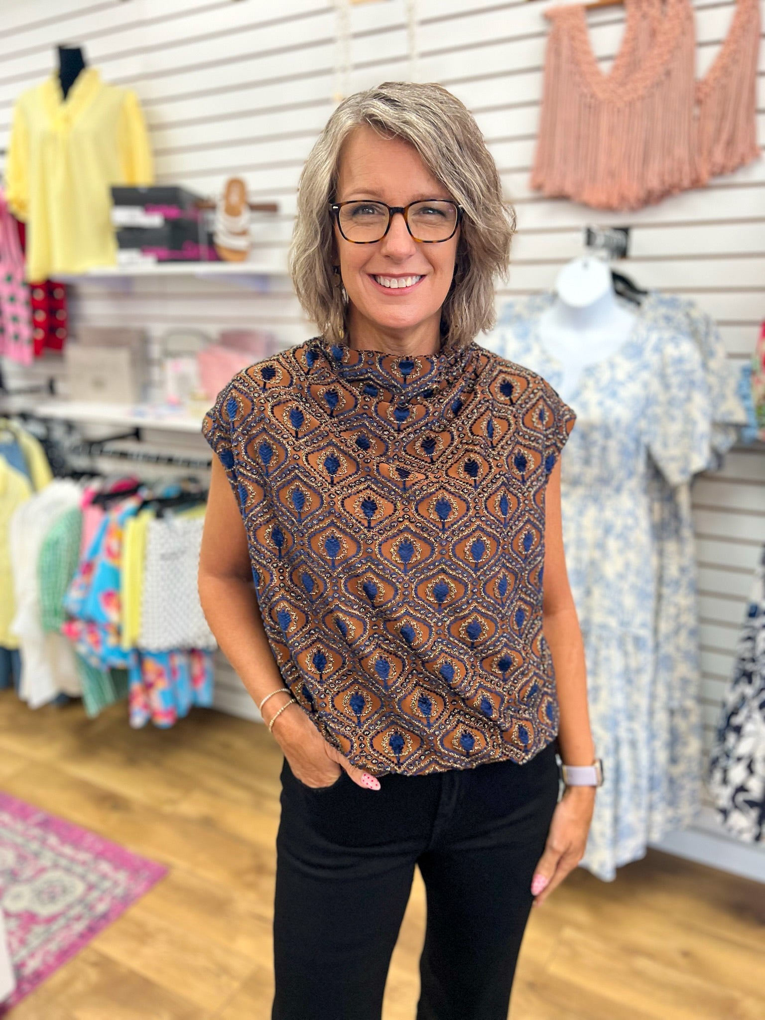 Rust and Blue Velvet Mock Neck Top with Bubble Hem - A'Bekah's Boutique