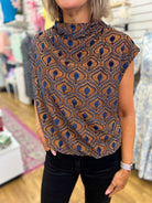 Rust and Blue Velvet Mock Neck Top with Bubble Hem - A'Bekah's Boutique
