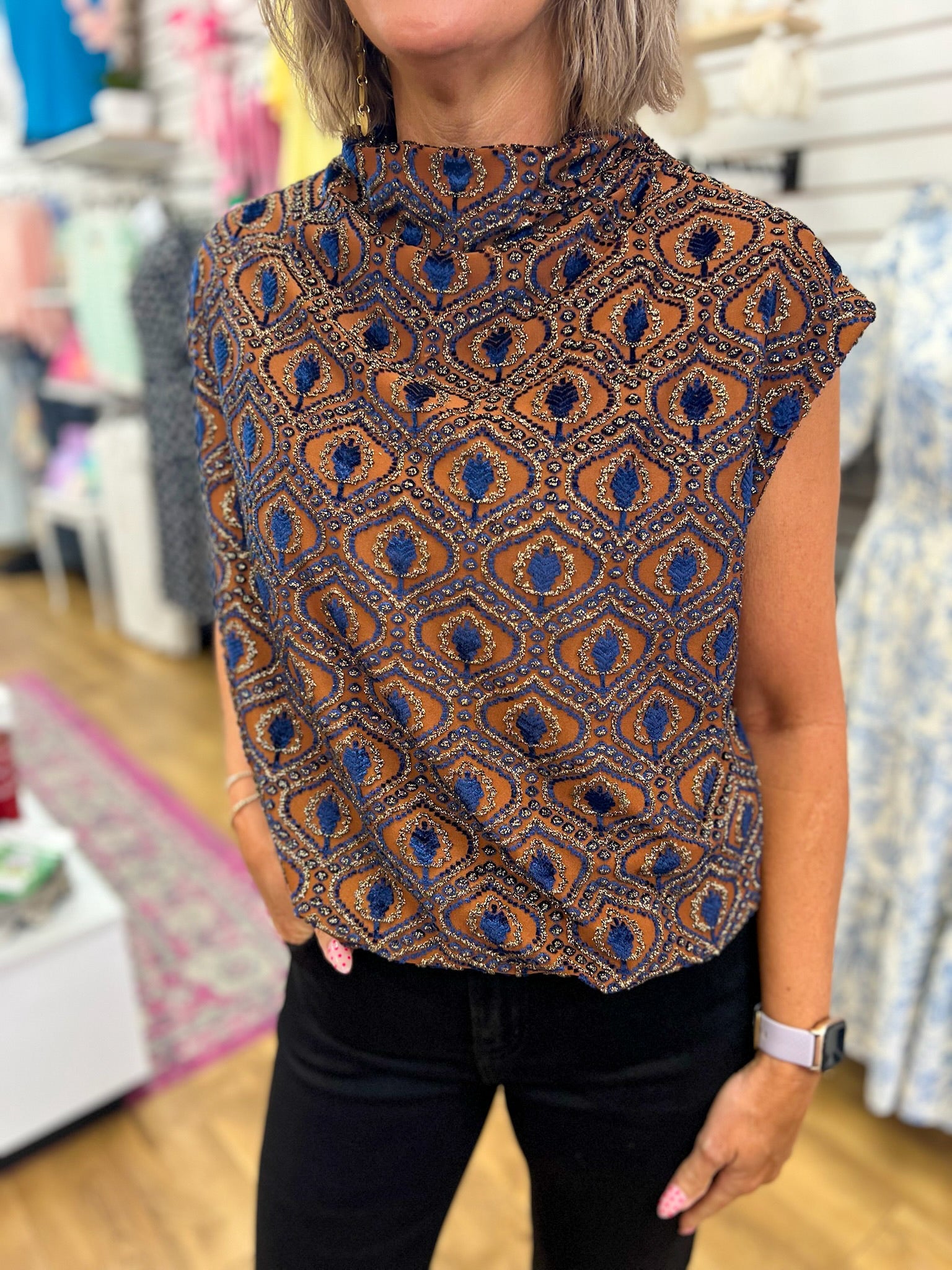 Rust and Blue Velvet Mock Neck Top with Bubble Hem - A'Bekah's Boutique