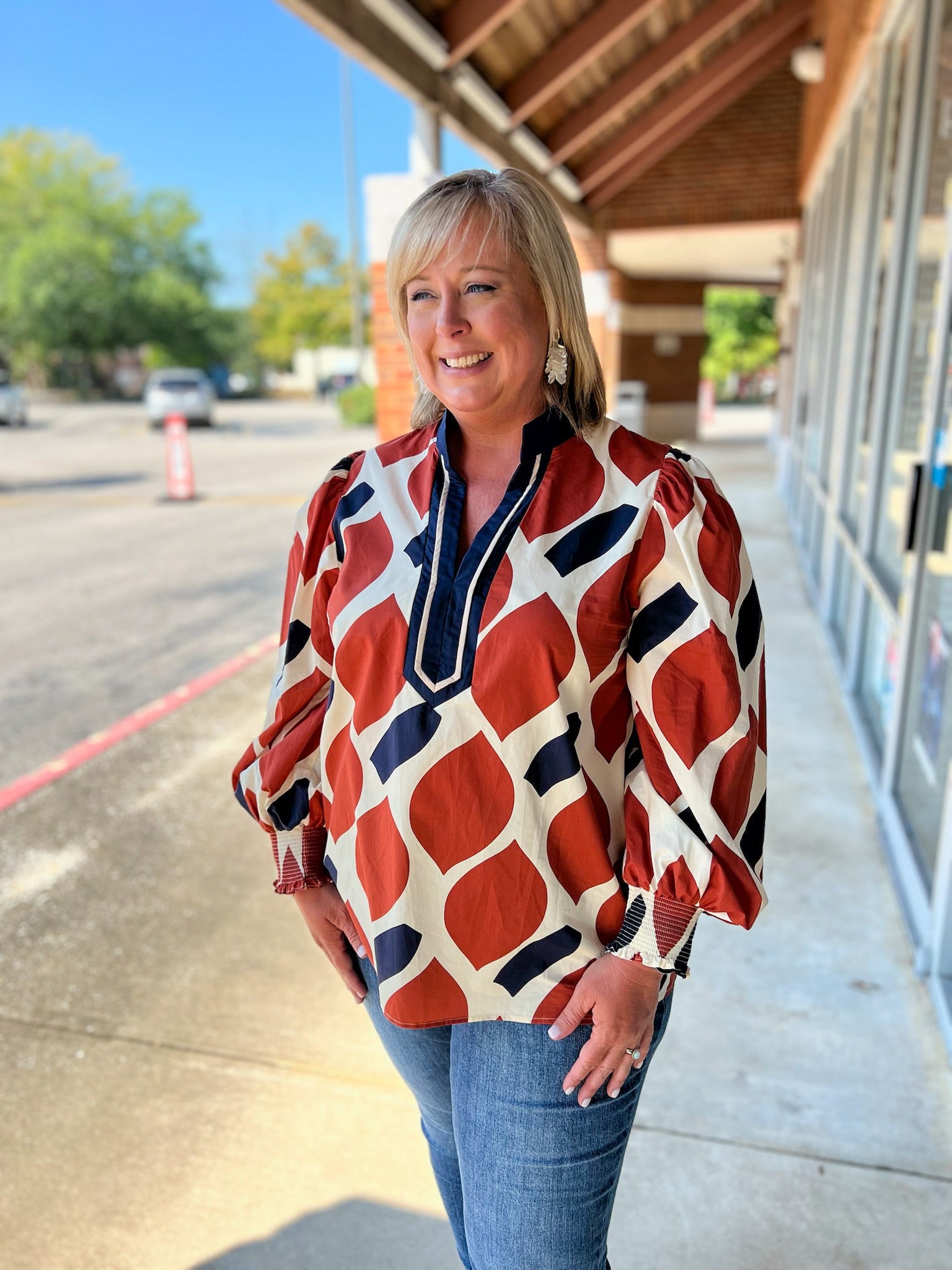 Rust and Navy Curvy Geometric Pattern V - Neck Long Sleeve Top - A'Bekah's Boutique