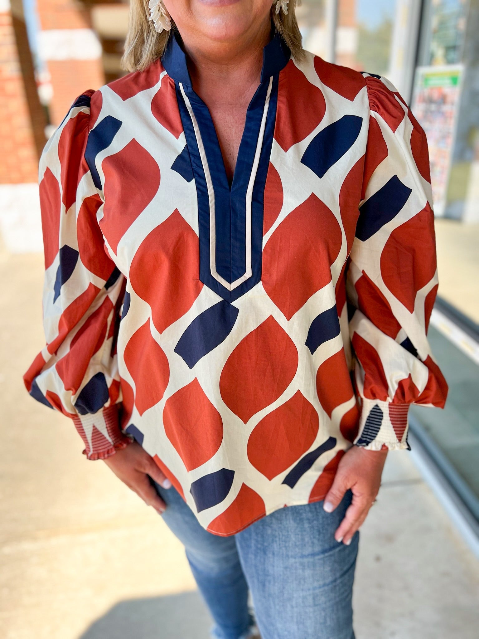 Rust and Navy Curvy Geometric Pattern V - Neck Long Sleeve Top - A'Bekah's Boutique