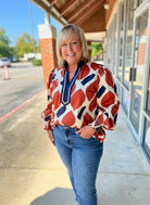 Rust and Navy Curvy Geometric Pattern V - Neck Long Sleeve Top (C) - A'Bekah's Boutique
