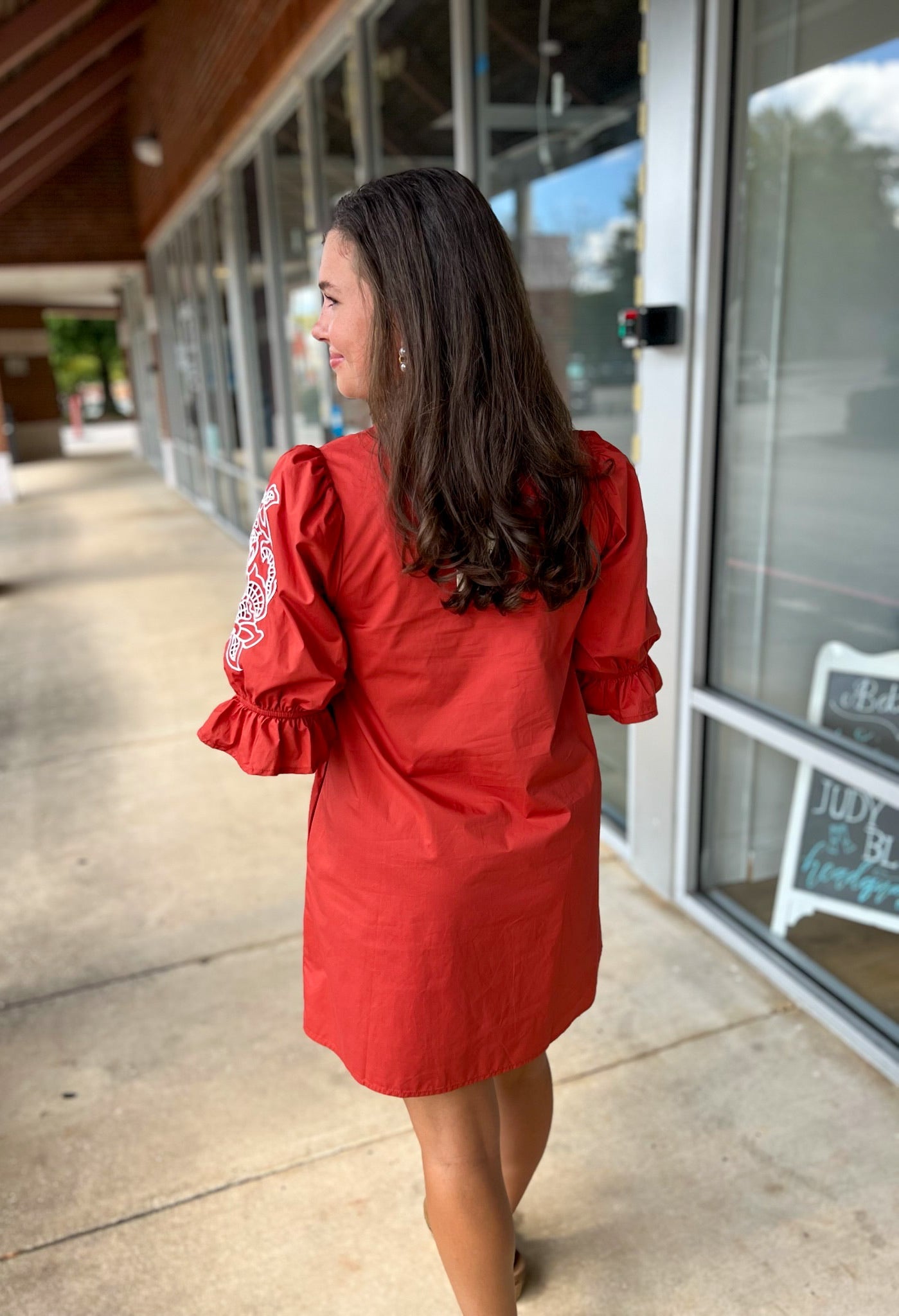 Rust Embroidered 3/4 Puff Sleeve Dress - A'Bekah's Boutique