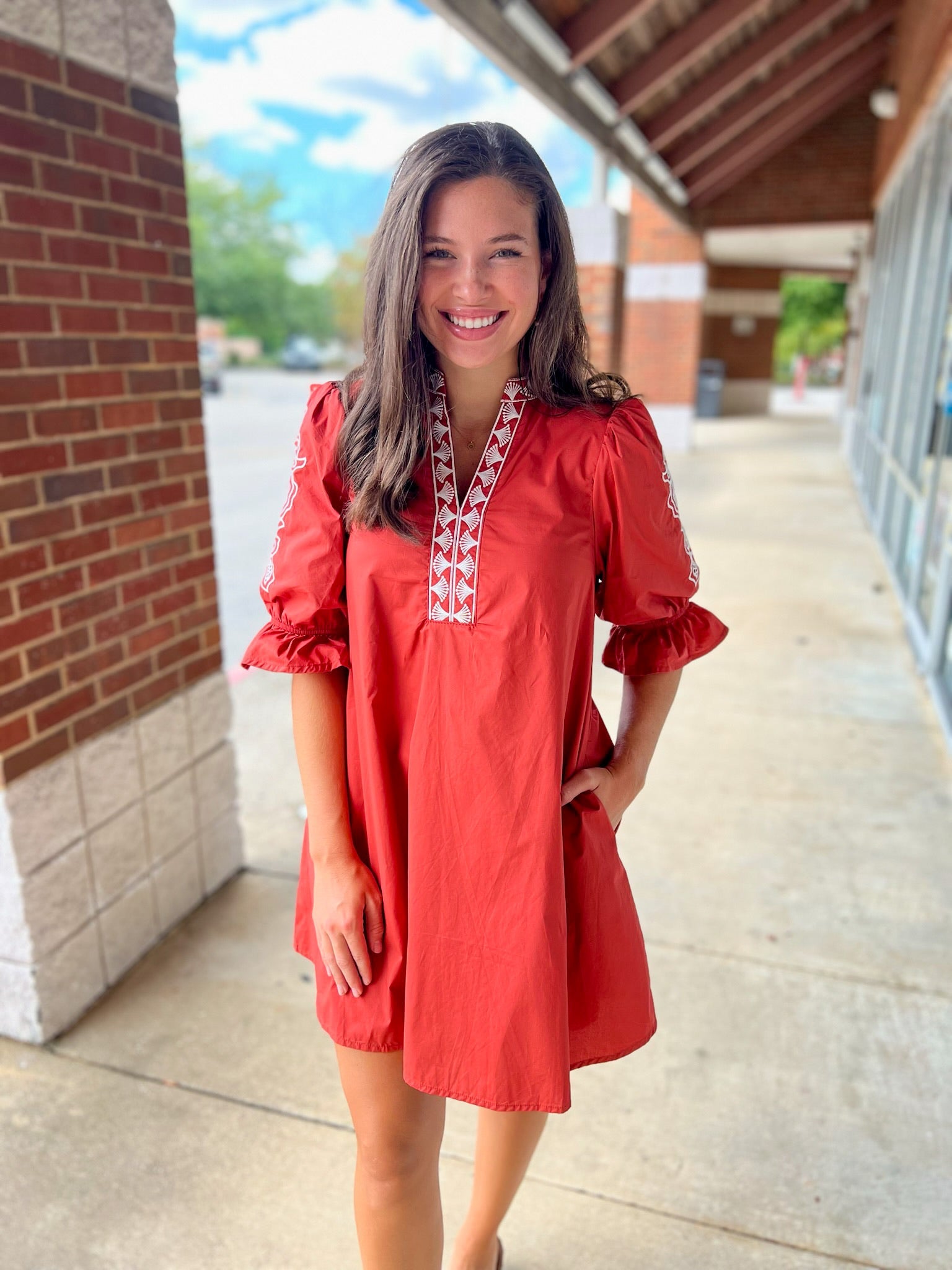 Rust Embroidered 3/4 Puff Sleeve Dress - A'Bekah's Boutique