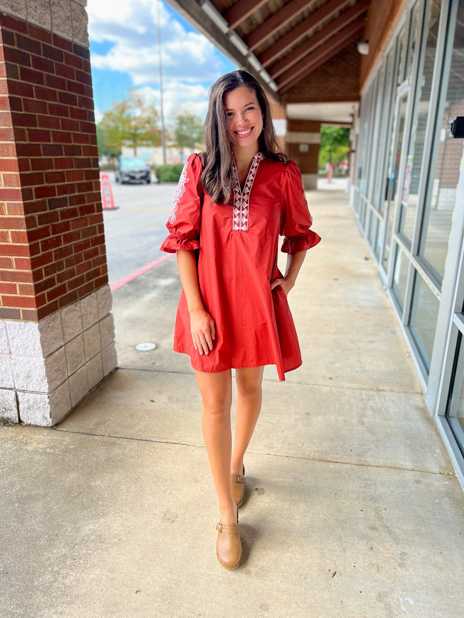 Rust Embroidered 3/4 Puff Sleeve Dress - A'Bekah's Boutique