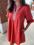 Rust Embroidered 3/4 Puff Sleeve Dress - A'Bekah's Boutique