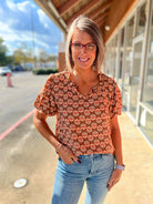 Rust Geometric Pattern V - Neck Top with Short Puff Sleeves - A'Bekah's Boutique
