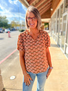 Rust Geometric Pattern V - Neck Top with Short Puff Sleeves - A'Bekah's Boutique
