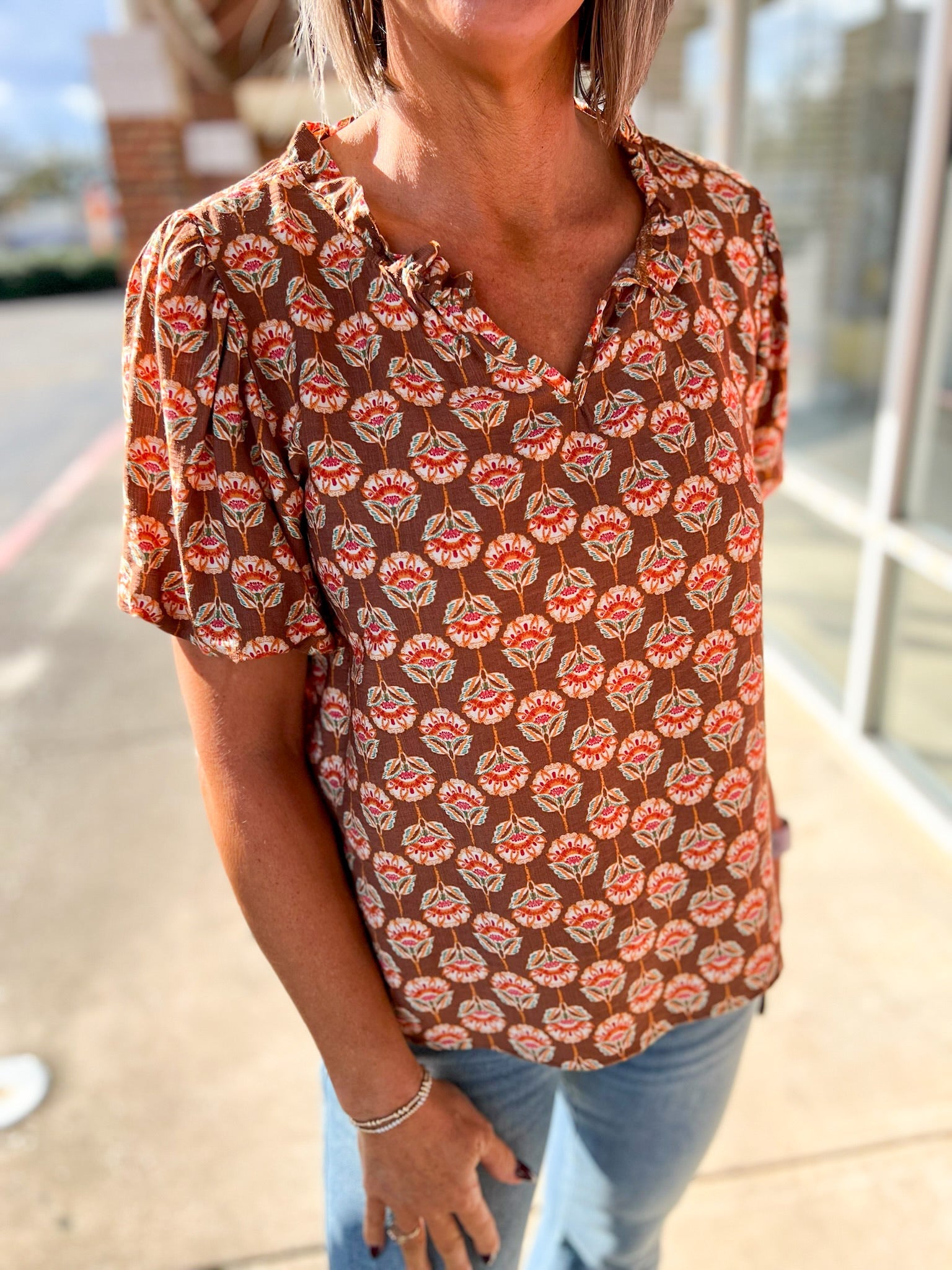 Rust Geometric Pattern V - Neck Top with Short Puff Sleeves - A'Bekah's Boutique