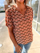 Rust Geometric Pattern V - Neck Top with Short Puff Sleeves - A'Bekah's Boutique