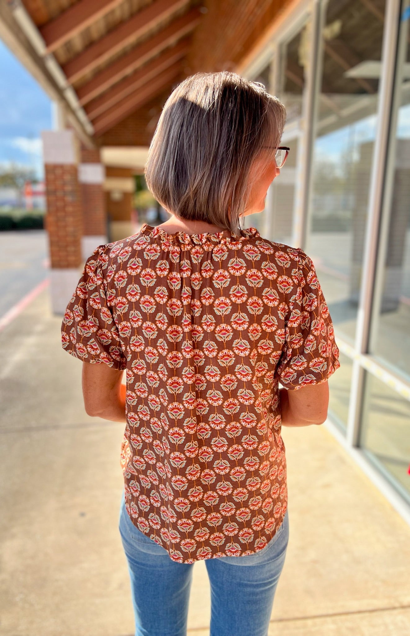 Rust Geometric Pattern V - Neck Top with Short Puff Sleeves - A'Bekah's Boutique