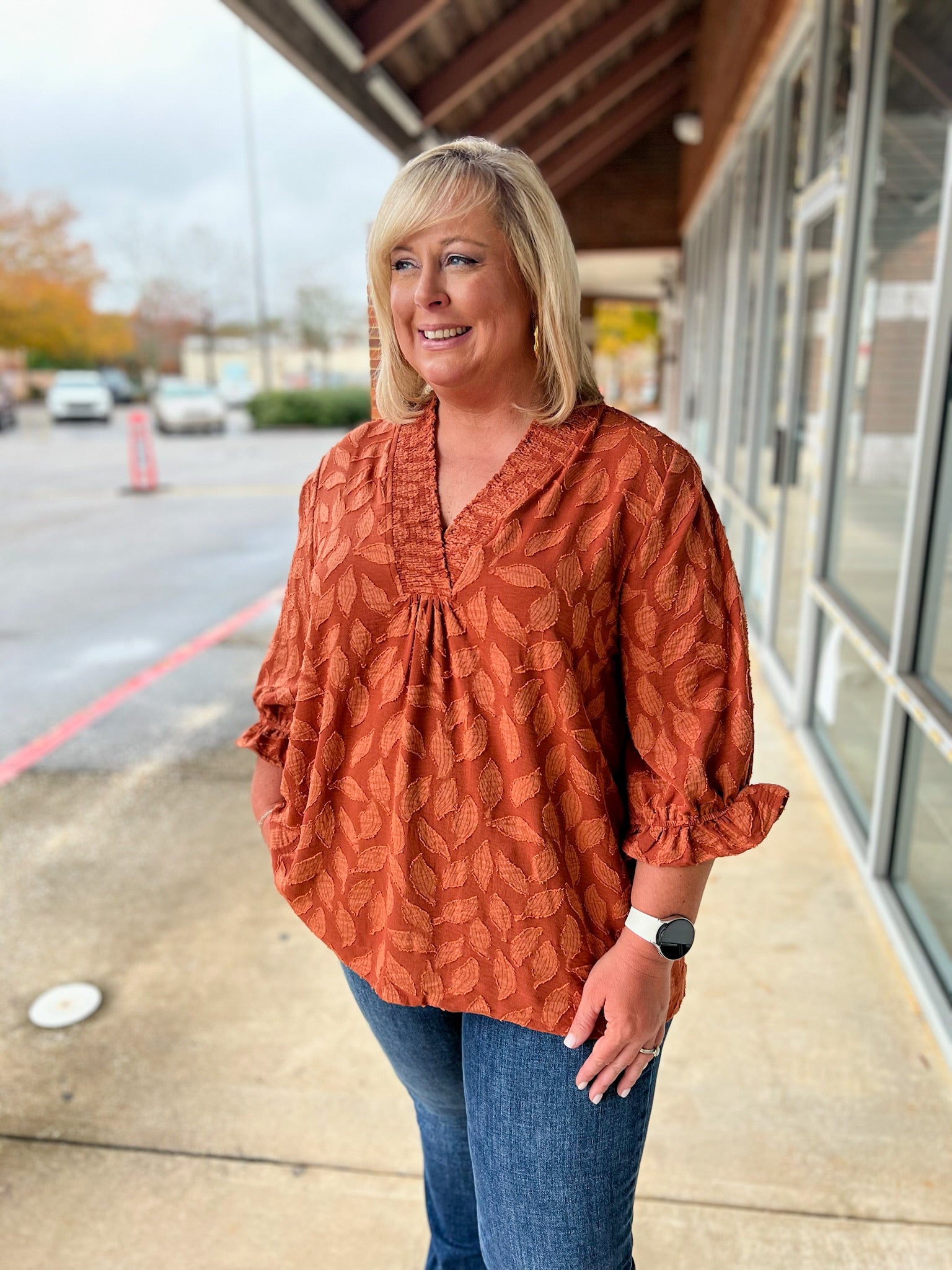 Rust Jacquard V - Neck Top with 3/4 Sleeves (C) - A'Bekah's Boutique