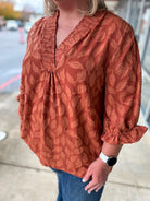 Rust Jacquard V - Neck Top with 3/4 Sleeves (C) - A'Bekah's Boutique