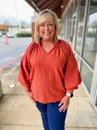 Rust Textured V - Neck Dress with Scalloped Hem - A'Bekah's Boutique