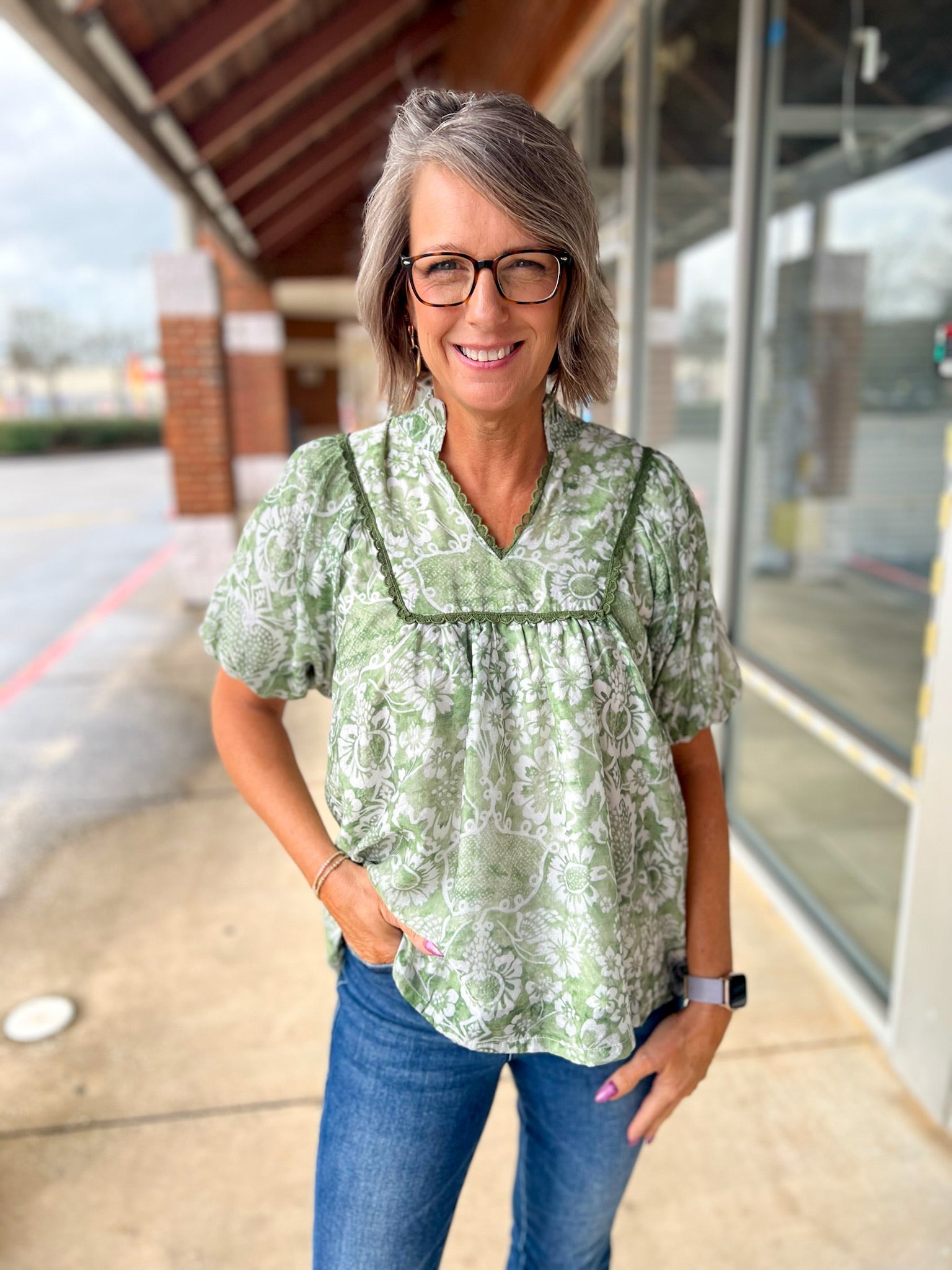 Sage Abstract Print Top with Smocked Ruffle Neckline and Short Puff Sleeves - A'Bekah's Boutique