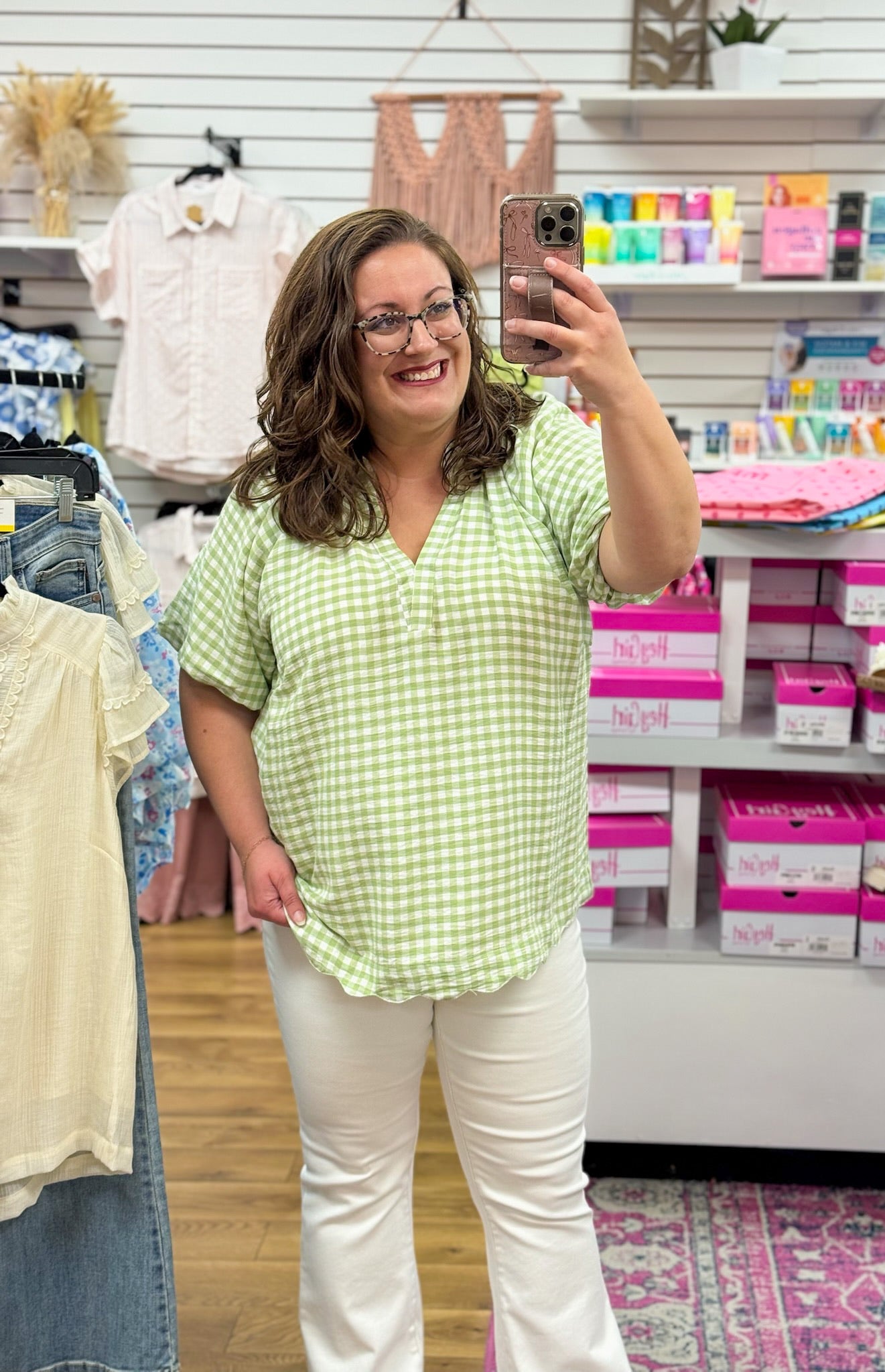 Sage Green Gingham V - Neck Top with Scalloped Hem - A'Bekah's Boutique