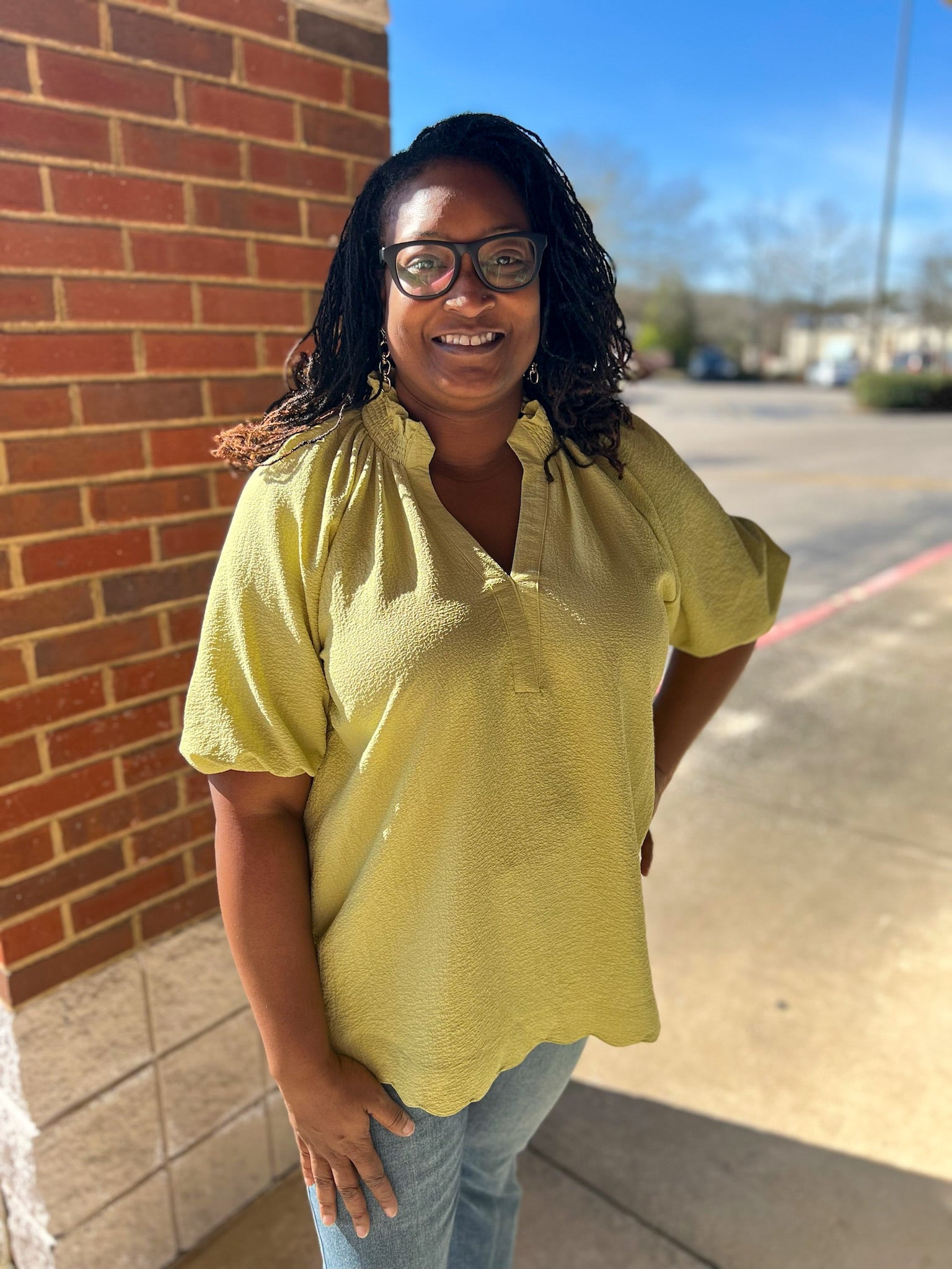 Sage Green Split V - Neck Short Puff Sleeve Top (C) - A'Bekah's Boutique
