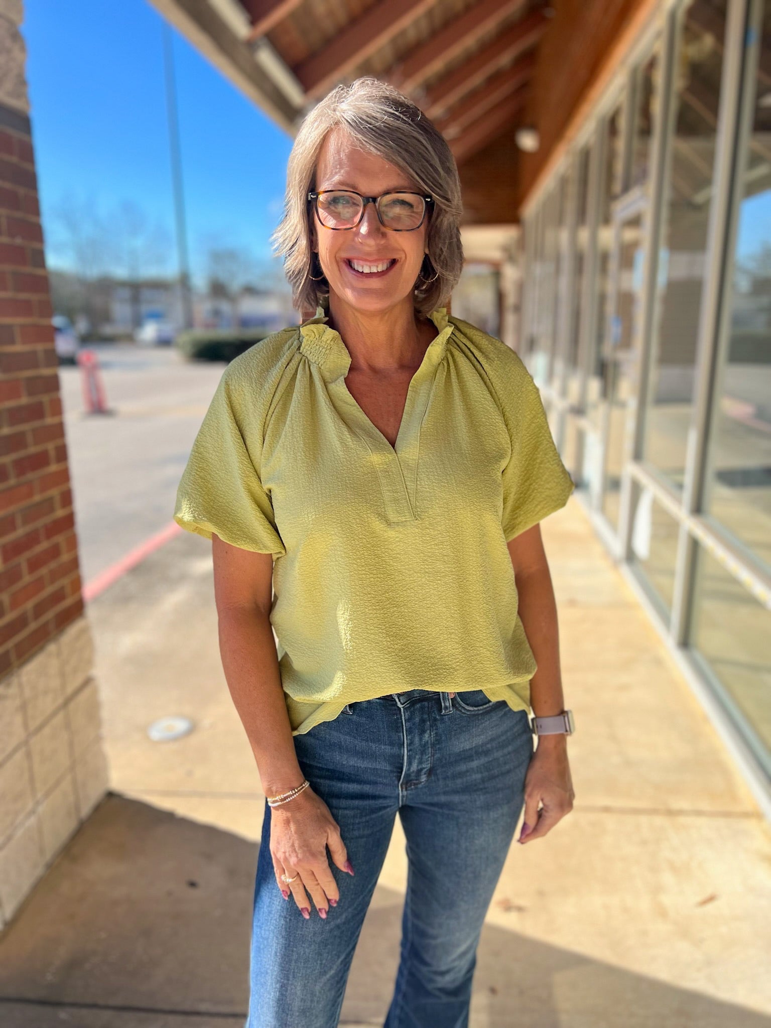 Sage Green Split V - Neck Short Puff Sleeve Top (R) - A'Bekah's Boutique