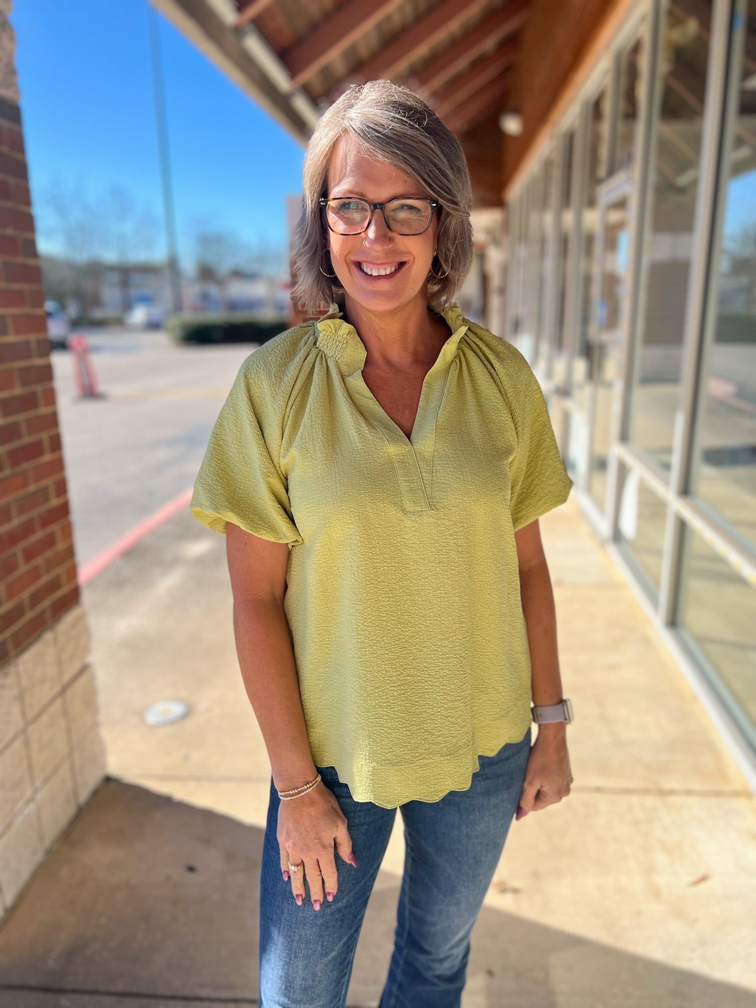 Sage Green Split V - Neck Short Puff Sleeve Top (R) - A'Bekah's Boutique