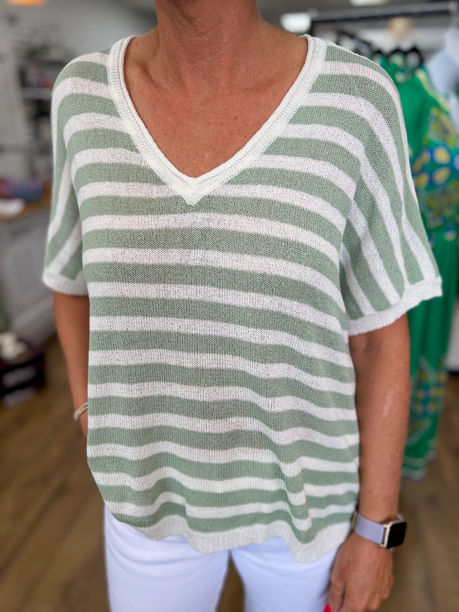 Sage Green Striped Top with Short Dolman Sleeves - A'Bekah's Boutique