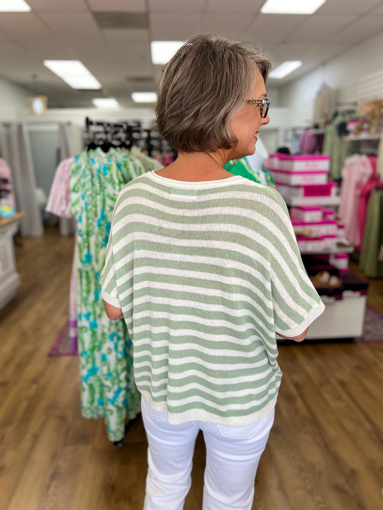 Sage Green Striped Top with Short Dolman Sleeves - A'Bekah's Boutique