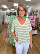 Sage Green Striped Top with Short Dolman Sleeves - A'Bekah's Boutique