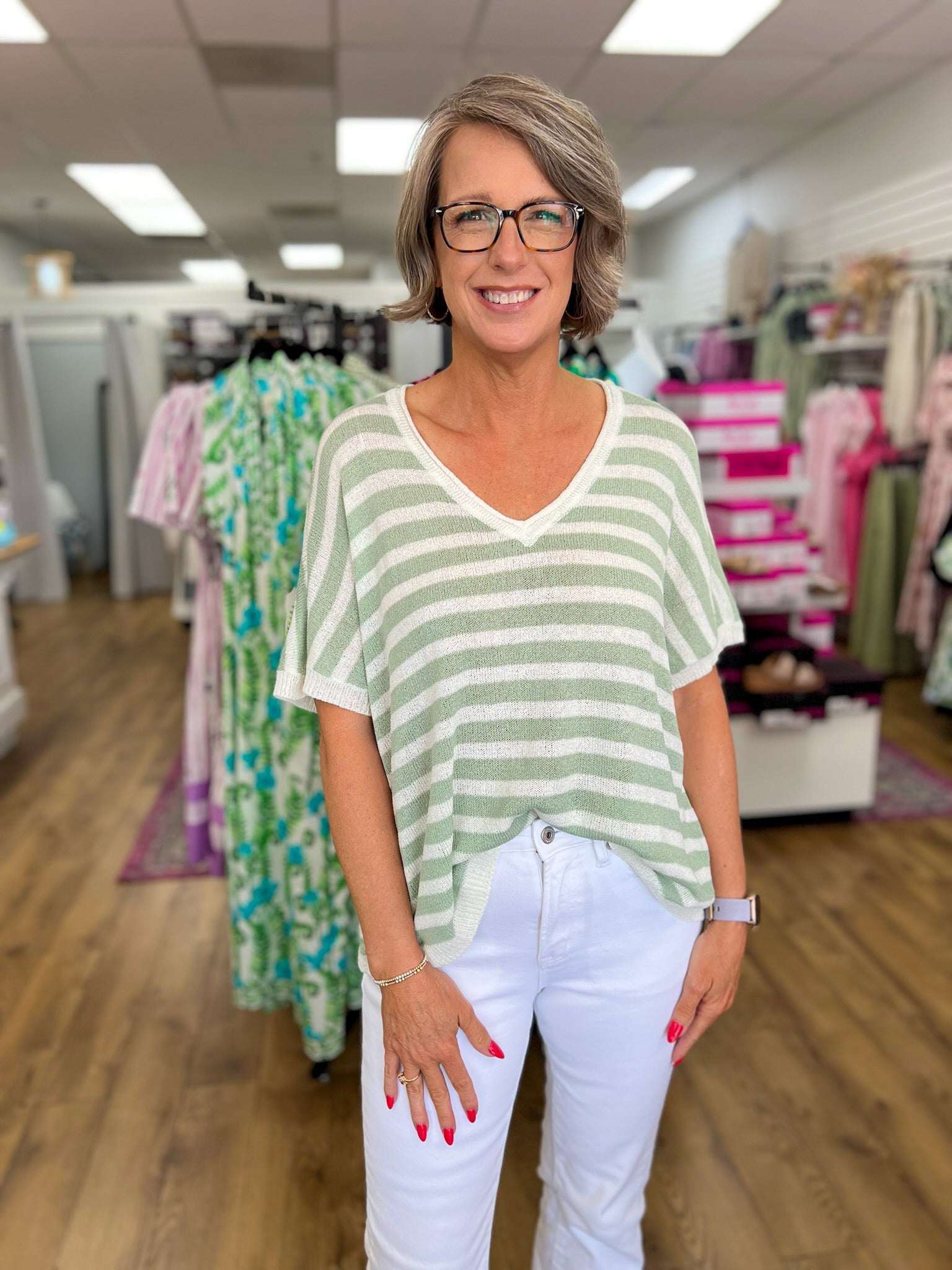 Sage Green Striped Top with Short Dolman Sleeves - A'Bekah's Boutique