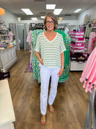 Sage Green Striped Top with Short Dolman Sleeves - A'Bekah's Boutique