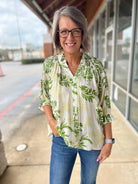 Sage Leafy Damask Print Button Up Top - A'Bekah's Boutique