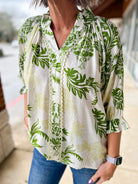 Sage Leafy Damask Print Button Up Top - A'Bekah's Boutique